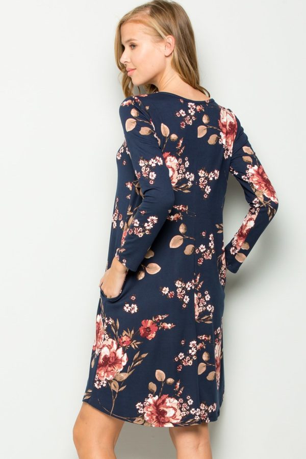 Jennifer Long Sleeve Floral Swing Dress Navy | AeyrApparel.com