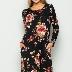 Julianne Plus Size Long Sleeve Floral Swing Dress Black | AeyrApparel.com