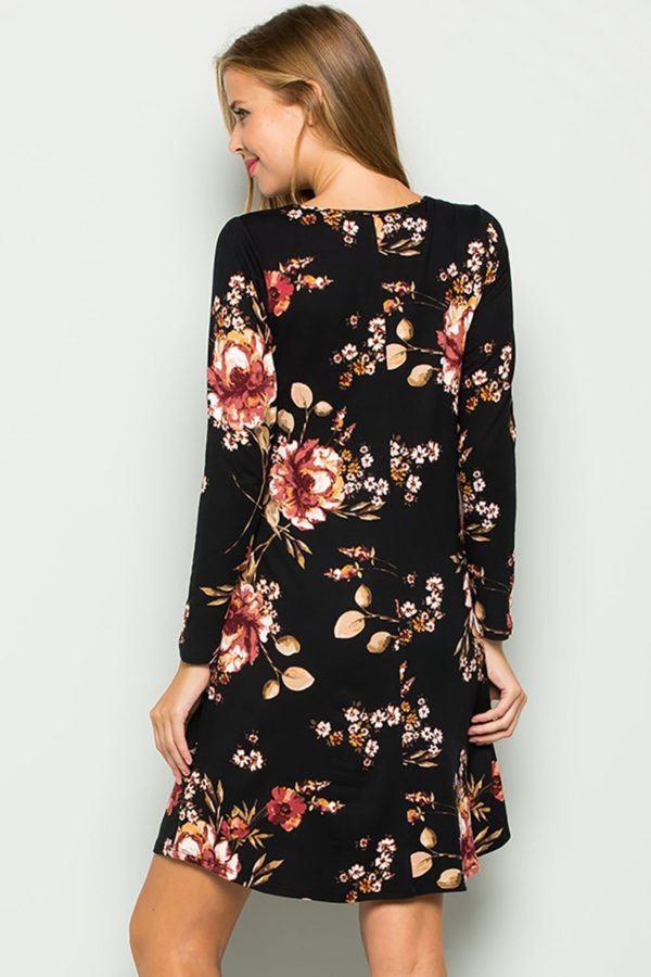 Julianne Plus Size Long Sleeve Floral Swing Dress Black | AeyrApparel.com