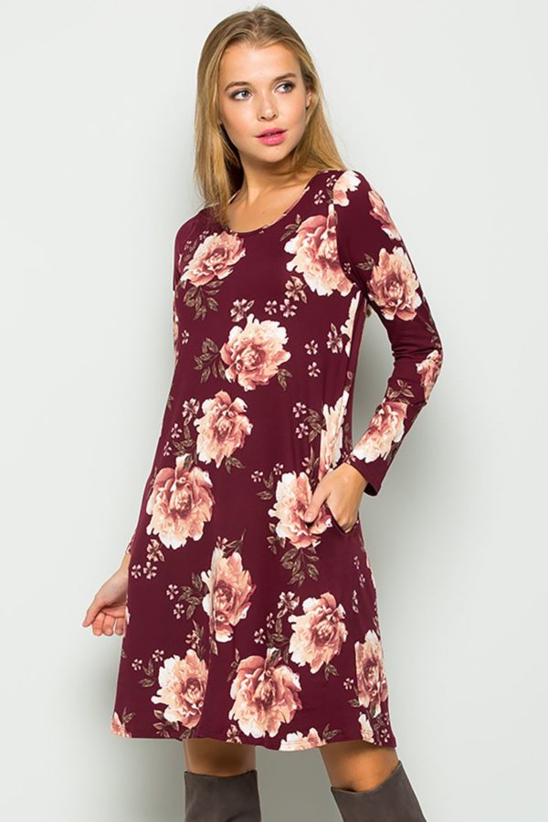 Julianne Plus Size Long Sleeve Floral Swing Dress Burgundy | AeyrApparel.com