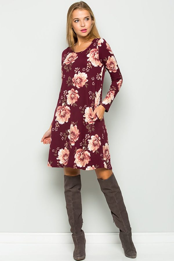 Julianne Plus Size Long Sleeve Floral Swing Dress Burgundy | AeyrApparel.com
