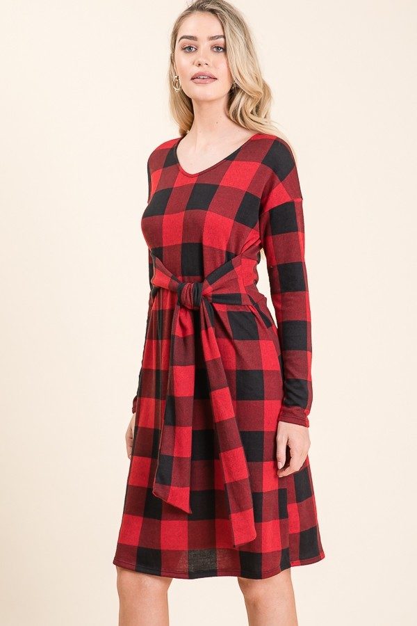 Danica Knee Length Long Sleeve Buffalo Plaid Dress | AeyrApparel.com