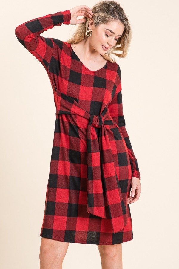 Danica Knee Length Long Sleeve Buffalo Plaid Dress | AeyrApparel.com