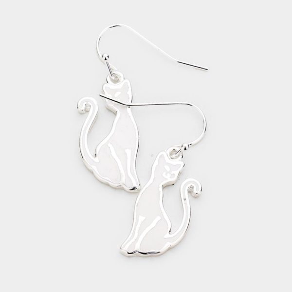 Silver White Enamel Sitting Cat Earrings | AeyrApparel.com