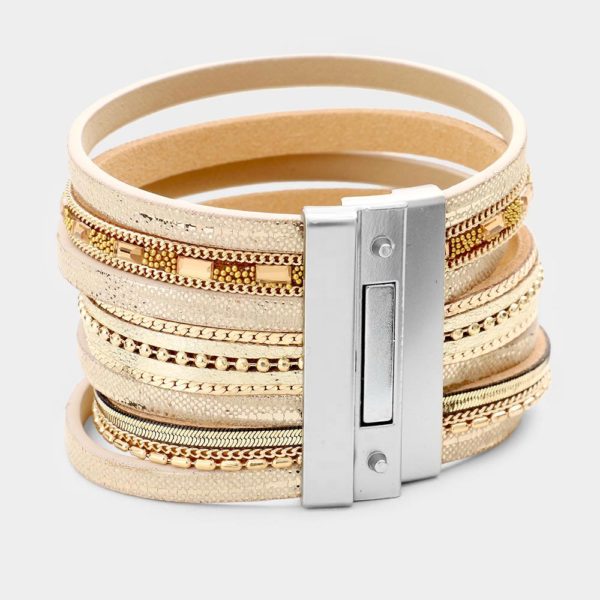 Tan Multi-Row Faux Leather Magnetic Bracelet | AeyrApparel.com