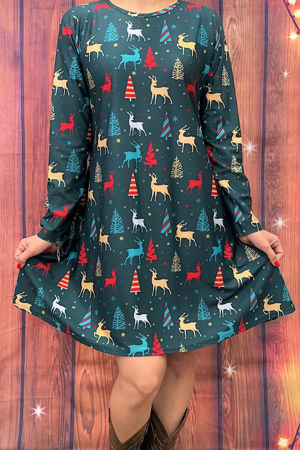 Knee Length Long Sleeve Holiday Print Dress | AeyrApparel.com