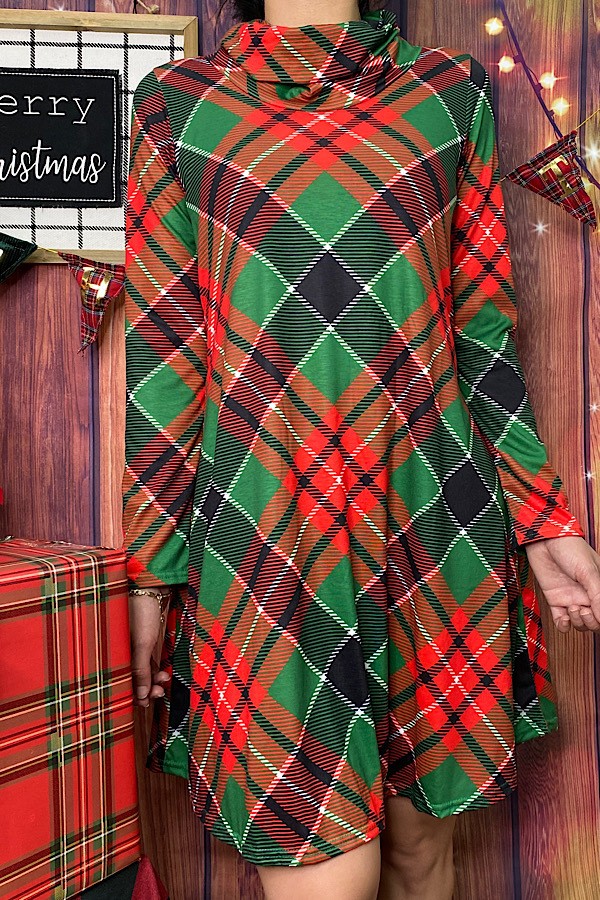 Long Sleeve Cowl Neck Plaid Holiday Dress | AeyrApparel.com