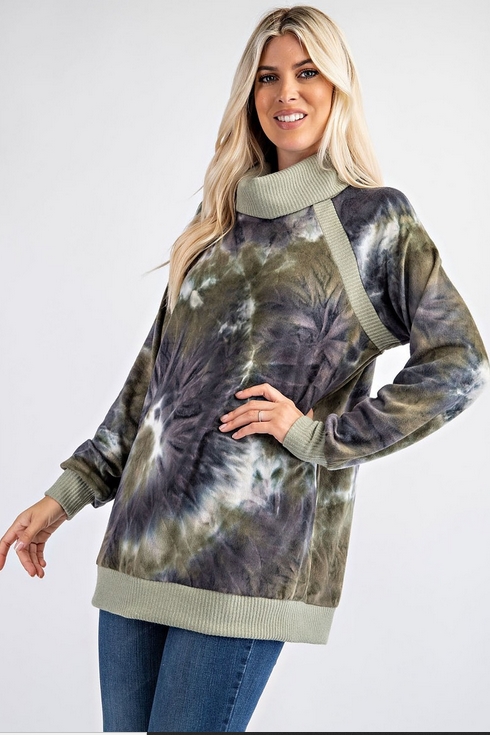 Kaylee Olive Tie Dye Cowl Neck Pullover | AeyrApparel.com
