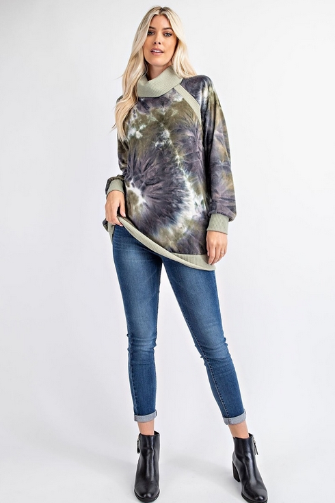 Kaylee Olive Tie Dye Cowl Neck Pullover | AeyrApparel.com