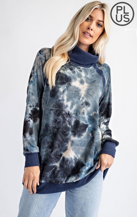 Kaylee Navy Tie Dye Cowl Neck Pullover Plus | AeyrApparel.com