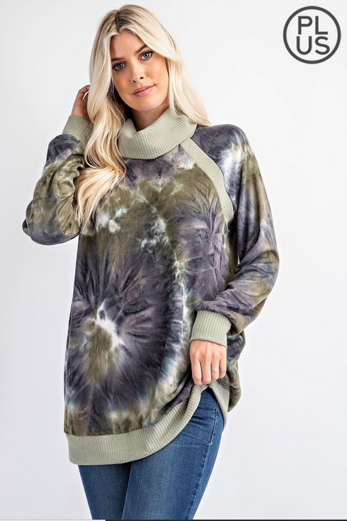 Kaylee Olive Tie Dye Cowl Neck Pullover Plus | AeyrApparel.com