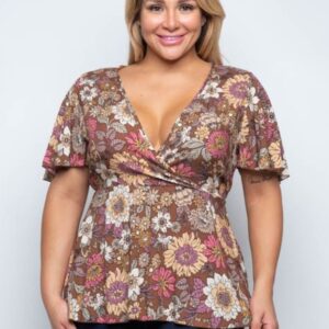 Chaynie Floral Flutter Sleeve Surplice Pullover Top | AeyrApparel.com