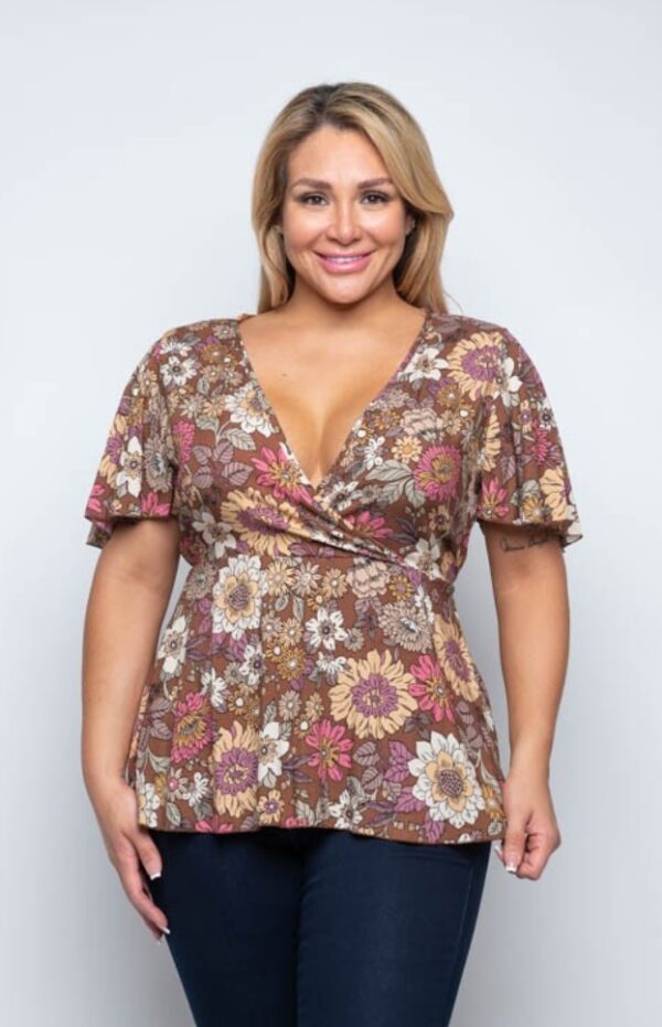Chaynie Floral Flutter Sleeve Surplice Pullover Top | AeyrApparel.com