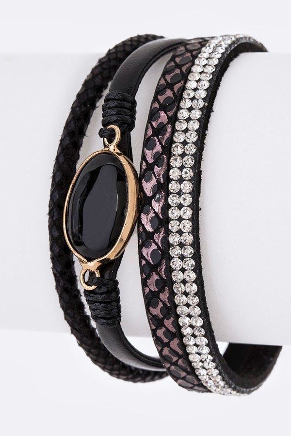 Black Leather Multi Row Mixed Media Magnetic Bracelet | AeyrApparel.com