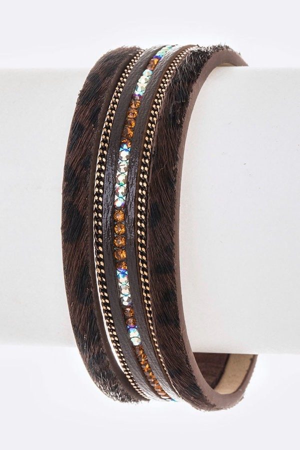 Brown Calf Leather Multi Row Crystal Accented Magnetic Bracelet | AeyrApparel.com