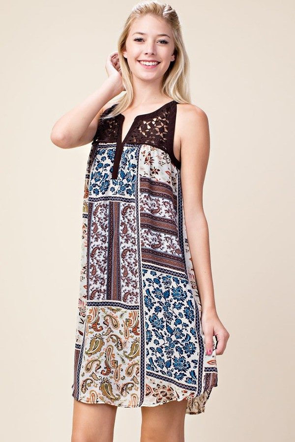 Hannah Mixed Print Crochet Accent Sleevelss Short Dress | AeyrApparel.com