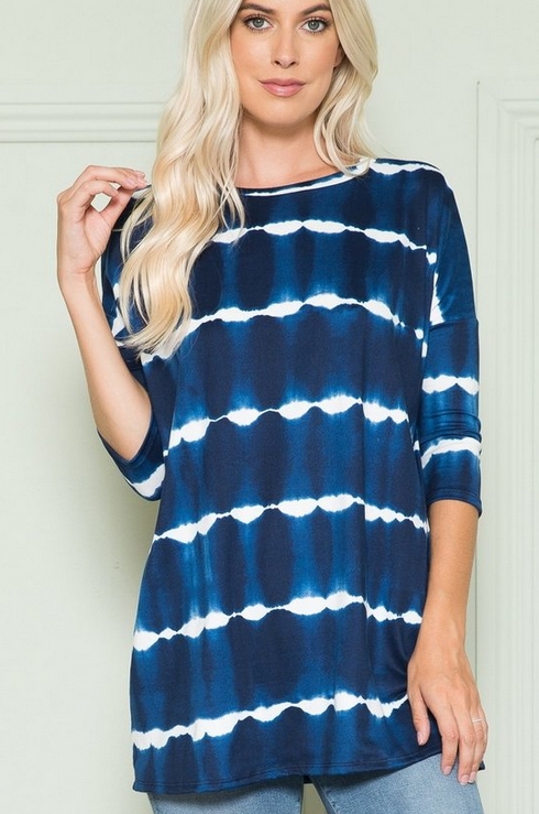 Alvia Tie Dye Striped 3/4 Sleeve Relaxed Fit Pullover Top | AeyrApparel.com
