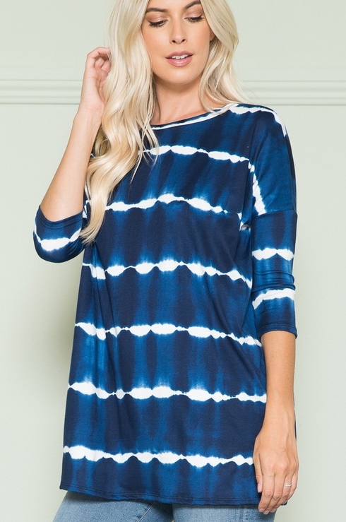 Alvia Tie Dye Striped 3/4 Sleeve Relaxed Fit Pullover Top | AeyrApparel.com