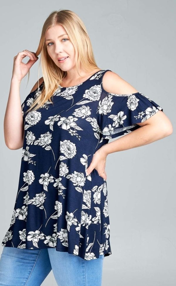 Miranda Floral Cold Shoulder Flutter Sleeve Plus Size Tunic | AeyrApparel.com
