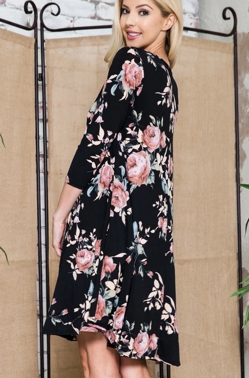 Ashtyn Knee Length 3/4 Sleeve Floral Swing Dress | AeyrApparel.com