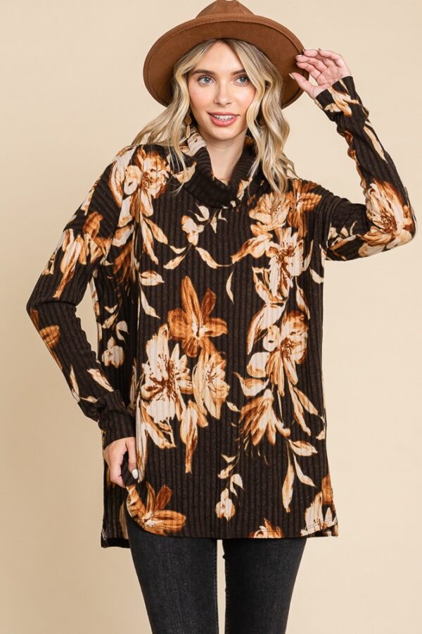 Camryn Long Sleeve Cowl Neck Floral Ribbed Tunic Top | AeyrApparel.com