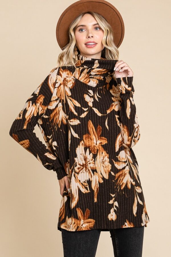 Camryn Long Sleeve Cowl Neck Floral Ribbed Tunic Top | AeyrApparel.com