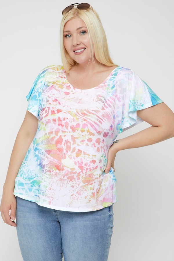 Cynthia Plus Size Short Flutter Sleeve Pastel Animal Print Pullover Top | AeyrApparel.com