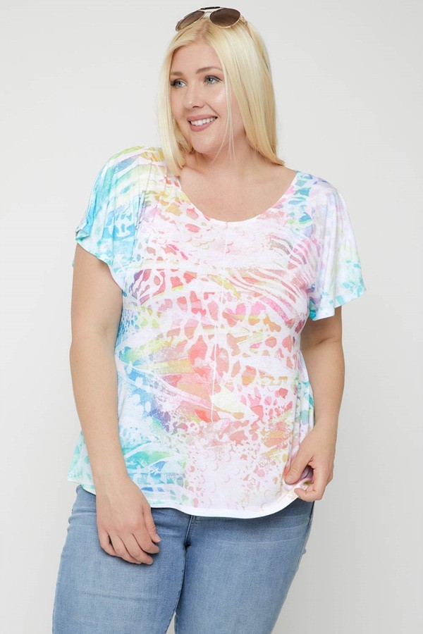 Cynthia Plus Size Short Flutter Sleeve Pastel Animal Print Pullover Top | AeyrApparel.com