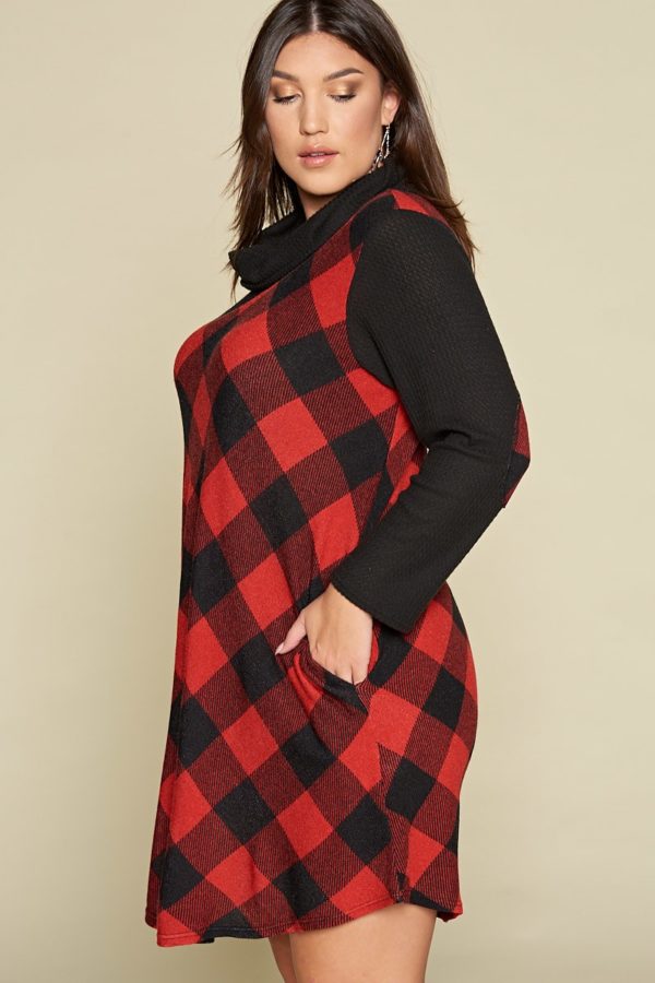 Clarissa Long Sleeve Cowl Neck Buffalo Plaid Knee Length Dress Plus | AeyrApparel.com