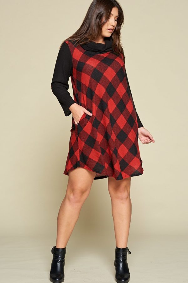 Clarissa Long Sleeve Cowl Neck Buffalo Plaid Knee Length Dress Plus | AeyrApparel.com