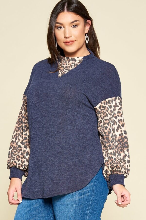 Emmalyn Leopard High Neck Bishop Sleeve Pullover Plus | AeyrApparel.com
