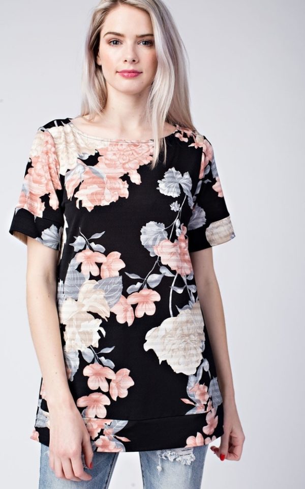 Jasslyn Floral Shadow Stripe Short Sleeve Pullover | AeyrApparel.com
