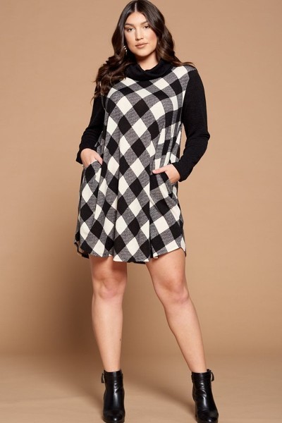 Ezree Ivory Black Long Sleeve Cowl Neck Buffalo Plaid Knee Length Dress Plus | AeyrApparel.com