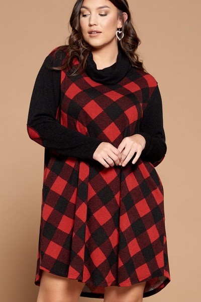 Ezree Red Black Long Sleeve Cowl Neck Buffalo Plaid Knee Length Dress Plus | AeyrApparel.com