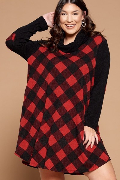 Ezree Red Black Long Sleeve Cowl Neck Buffalo Plaid Knee Length Dress Plus | AeyrApparel.com