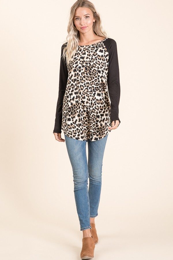 Alanah Long Body Raglan Sleeve Leopard Print Pullove Top | AeyrApparel.com