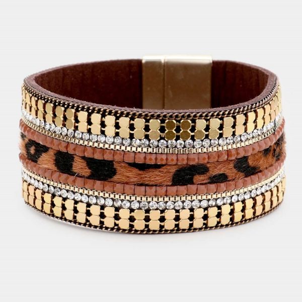 Brown Leopard Multi Row Magnetic Bracelet Cuff | AeyrApparel.com