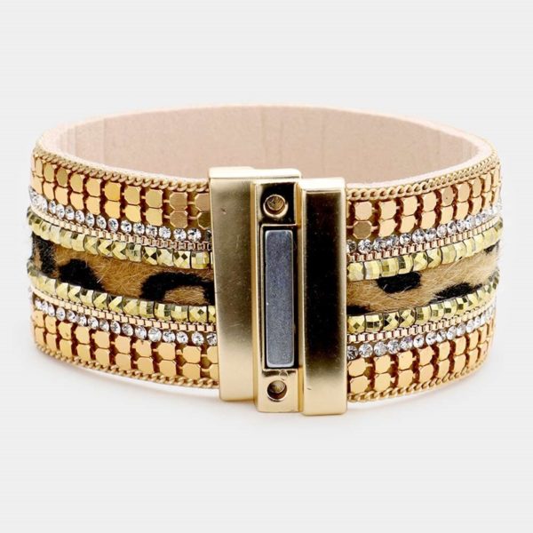 Tan Leopard Multi Row Magnetic Bracelet Cuff | AeyrApparel.com