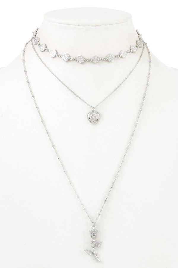 Silver Rose and Heart Layered Necklace | AeyrApparel.com